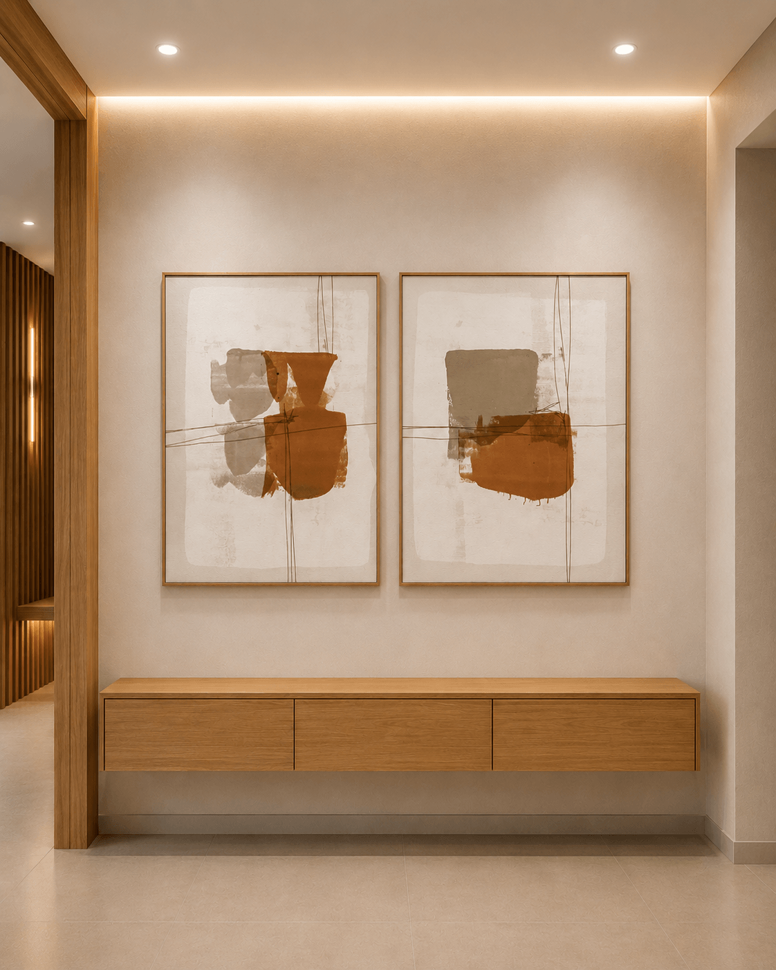 KIT 2 QUADROS DECORATIVOS - MINIMUM ABSTRATO PINCELADAS TERRACOTA